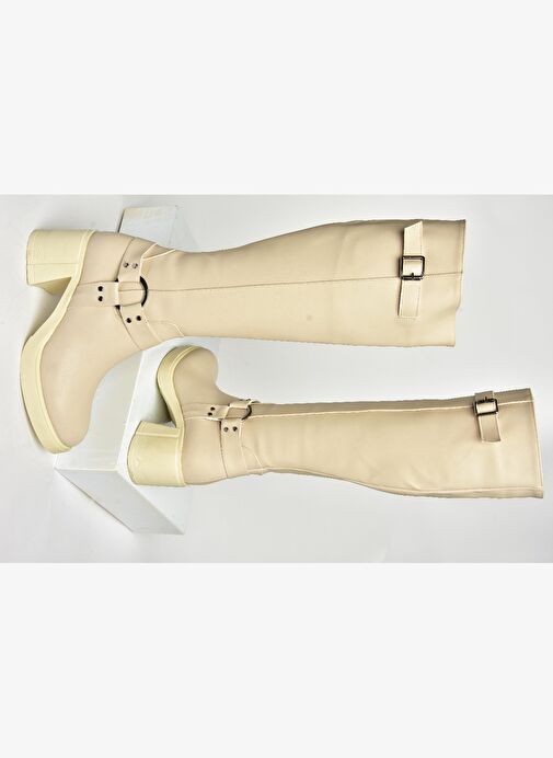 T282832009 Bej Kalın Topuklu Kadın Çizme - Görsel 9