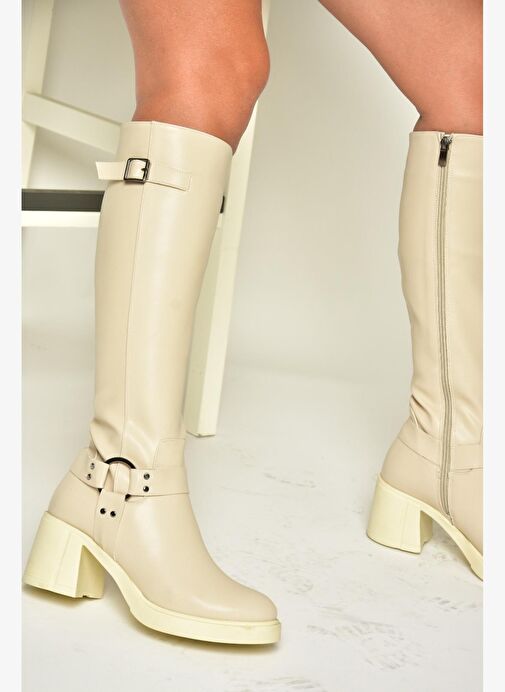 T282832009 Bej Kalın Topuklu Kadın Çizme - Görsel 5