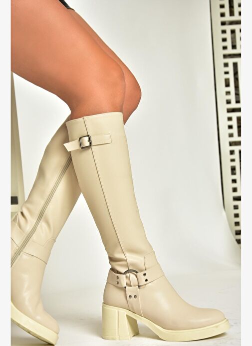 T282832009 Bej Kalın Topuklu Kadın Çizme - Görsel 6