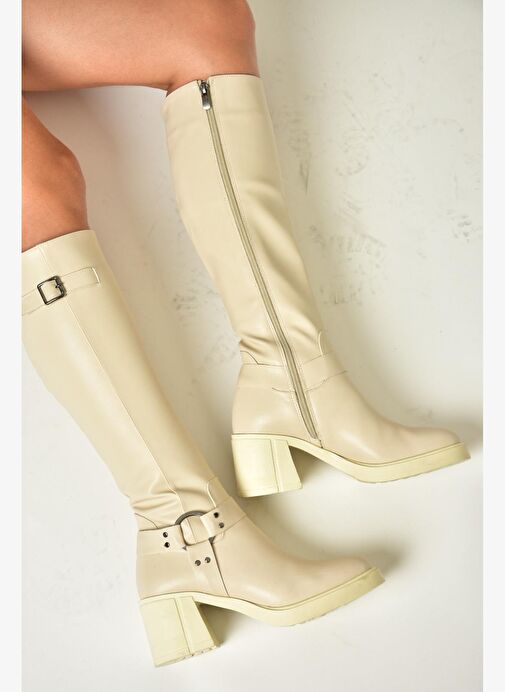 T282832009 Bej Kalın Topuklu Kadın Çizme - Görsel 7