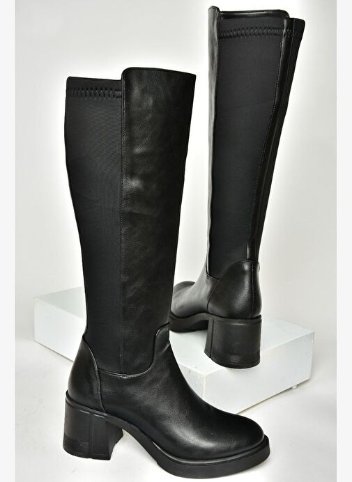 T282132309 Siyah Kalın Topuklu Baldır Kısmı Lastikli Kadın Çizme - Görsel 8