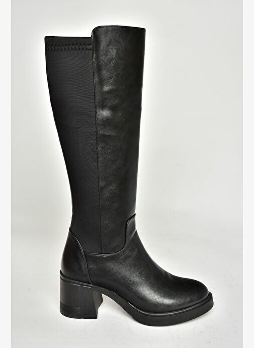 T282132309 Siyah Kalın Topuklu Baldır Kısmı Lastikli Kadın Çizme - Görsel 6