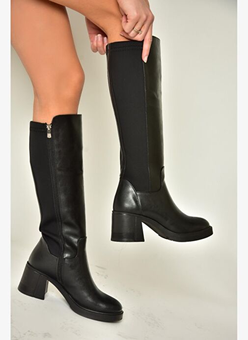 T282132309 Siyah Kalın Topuklu Baldır Kısmı Lastikli Kadın Çizme - Görsel 2