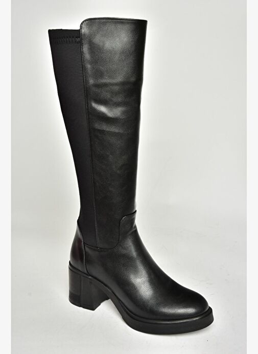 T282132309 Siyah Kalın Topuklu Baldır Kısmı Lastikli Kadın Çizme - Görsel 7