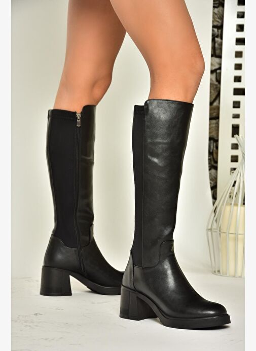 T282132309 Siyah Kalın Topuklu Baldır Kısmı Lastikli Kadın Çizme - Görsel 5