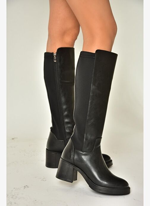 T282132309 Siyah Kalın Topuklu Baldır Kısmı Lastikli Kadın Çizme - Görsel 4