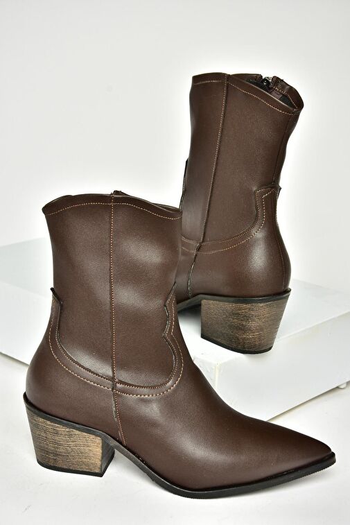 T356654109 Kahverengi Sivri Burunlu Kalın Topuklu Kadın Bot - Görsel 7