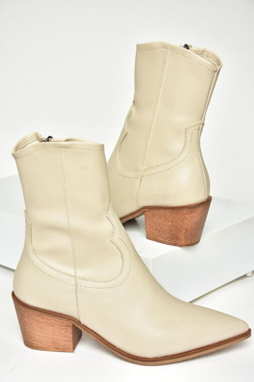 T356654109 Bej Sivri Burunlu Kalın Topuklu Kadın Bot - Görsel 6