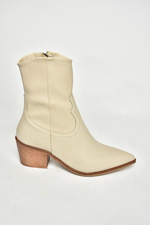 T356654109 Bej Sivri Burunlu Kalın Topuklu Kadın Bot - Görsel 7