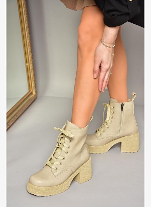 T996533009 Bej Kalın Topuklu Kadın Bot - Görsel 3
