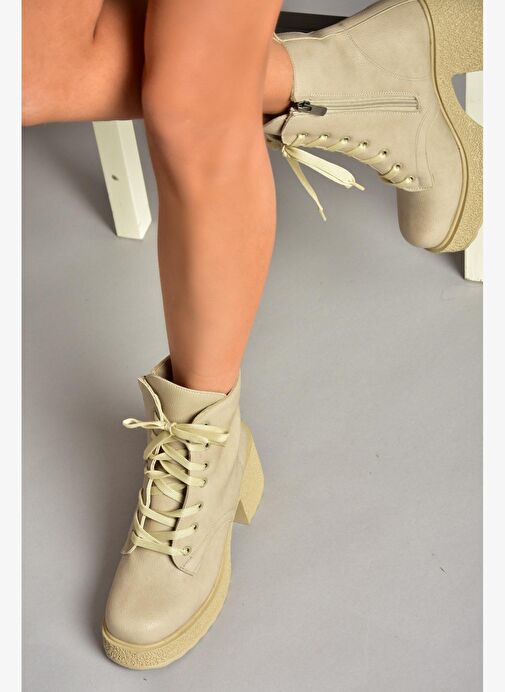 T996533009 Bej Kalın Topuklu Kadın Bot - Görsel 2