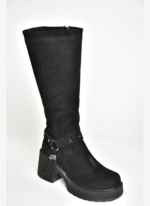 T996224002 Siyah Süet Kalın Topuklu Kadın Çizme - Görsel 9