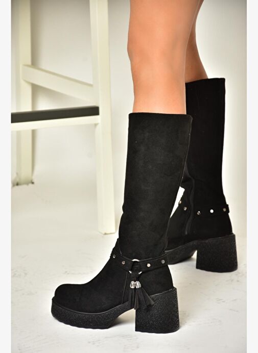 T996224002 Siyah Süet Kalın Topuklu Kadın Çizme - Görsel 6