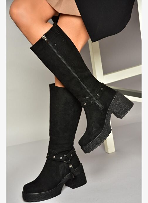 T996224002 Siyah Süet Kalın Topuklu Kadın Çizme - Görsel 3