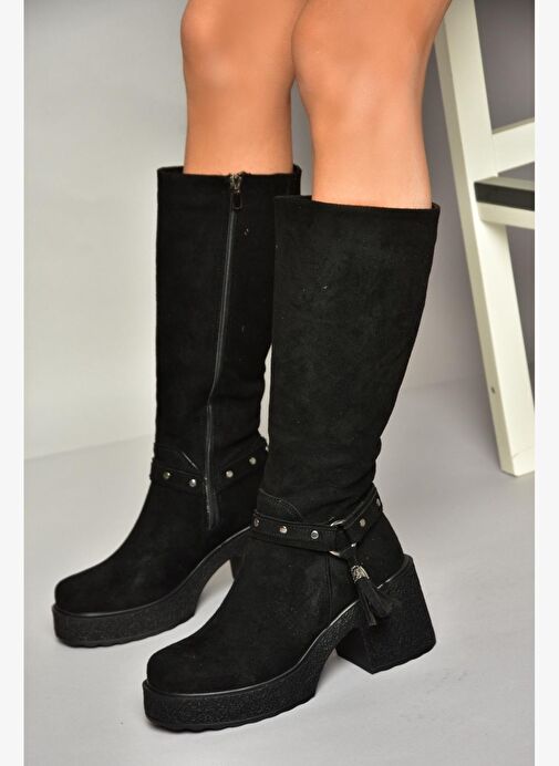 T996224002 Siyah Süet Kalın Topuklu Kadın Çizme - Görsel 4