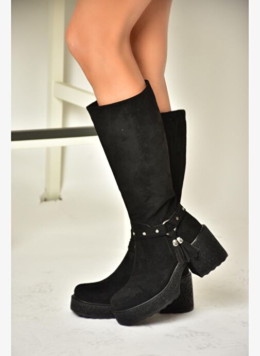 T996224002 Siyah Süet Kalın Topuklu Kadın Çizme - Görsel 7