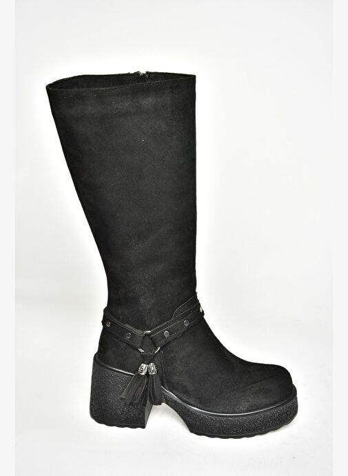 T996224002 Siyah Süet Kalın Topuklu Kadın Çizme - Görsel 8