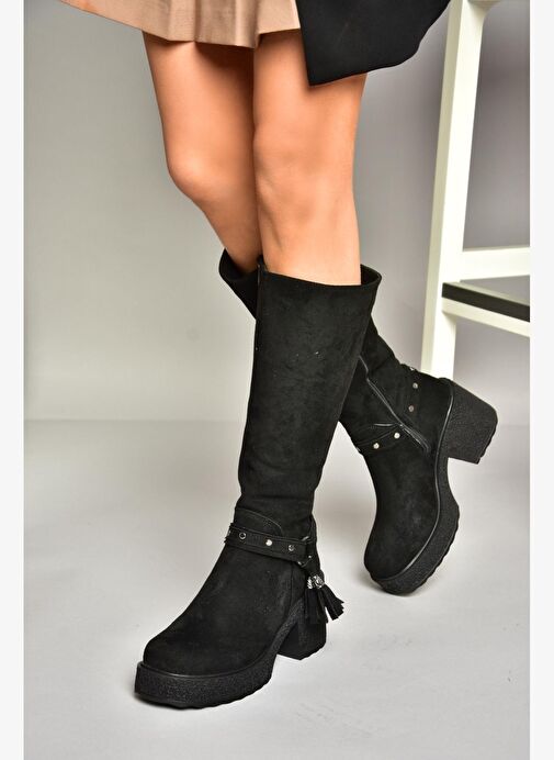 T996224002 Siyah Süet Kalın Topuklu Kadın Çizme - Görsel 5