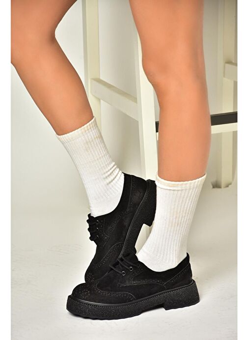 T996199002 Siyah Süet Kalın Tabanlı Kadın Ayakkabı - Görsel 2