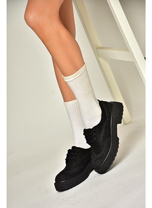 T996199002 Siyah Süet Kalın Tabanlı Kadın Ayakkabı - Görsel 3