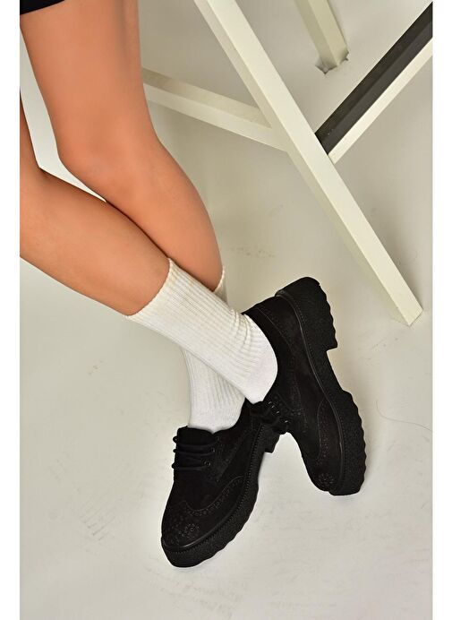 T996199002 Siyah Süet Kalın Tabanlı Kadın Ayakkabı - Görsel 4