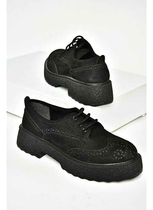 T996199002 Siyah Süet Kalın Tabanlı Kadın Ayakkabı - Görsel 8