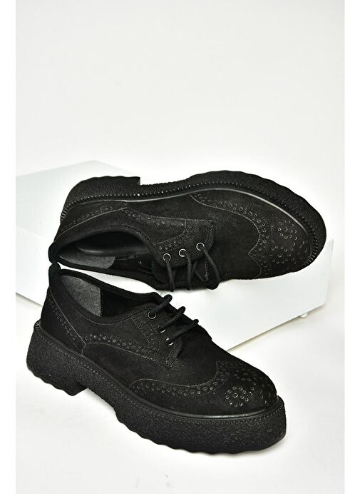 T996199002 Siyah Süet Kalın Tabanlı Kadın Ayakkabı - Görsel 9