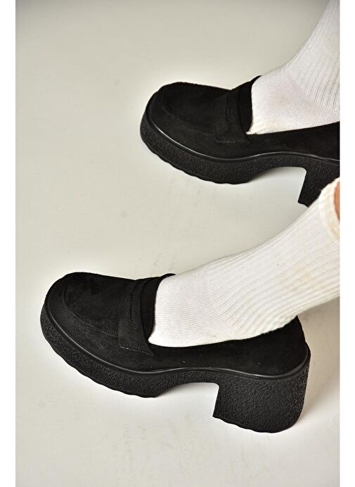 T996152002 Siyah Süet Kalın Topuklu Kadın Ayakkabı - Görsel 5