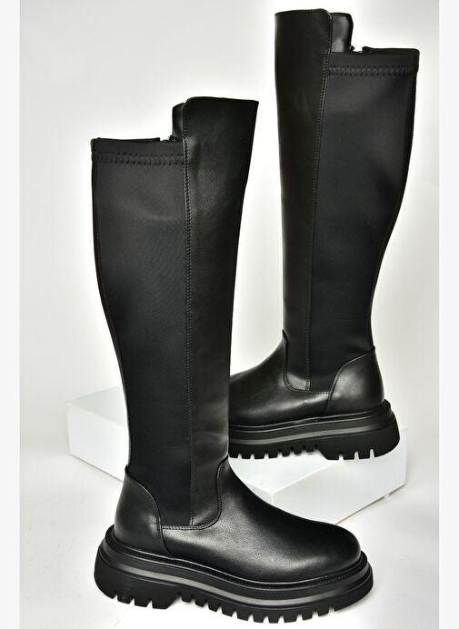 T312104309 Siyah Yüksek Tabanlı Arkası Lastikli Kadın Çizme - Görsel 8