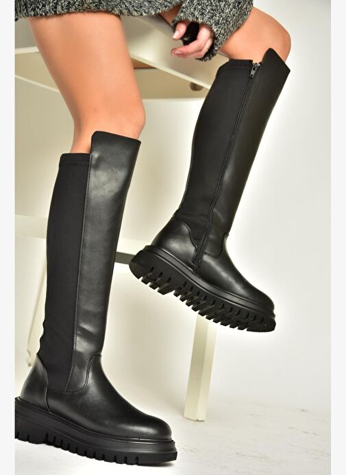 T312104309 Siyah Yüksek Tabanlı Arkası Lastikli Kadın Çizme - Görsel 2