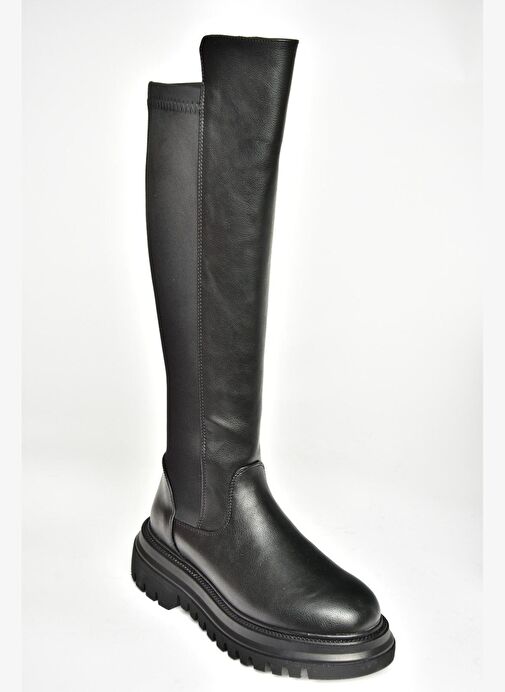 T312104309 Siyah Yüksek Tabanlı Arkası Lastikli Kadın Çizme - Görsel 7