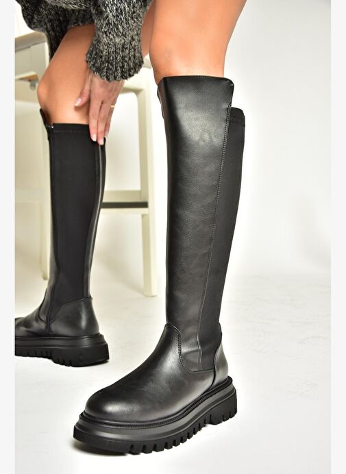 T312104309 Siyah Yüksek Tabanlı Arkası Lastikli Kadın Çizme - Görsel 5