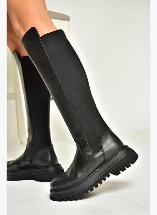 T312104309 Siyah Yüksek Tabanlı Arkası Lastikli Kadın Çizme - Görsel 4