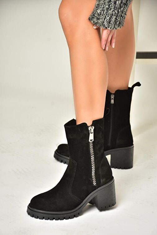 T654095802 Siyah Hakiki Süet Kalın Topuklu Kadın Bot - Görsel 2