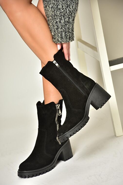 T654095802 Siyah Hakiki Süet Kalın Topuklu Kadın Bot - Görsel 3