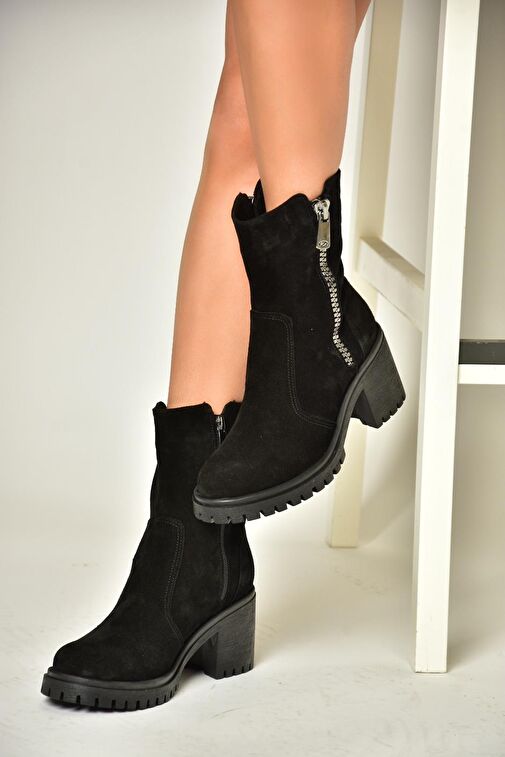 T654095802 Siyah Hakiki Süet Kalın Topuklu Kadın Bot - Görsel 5