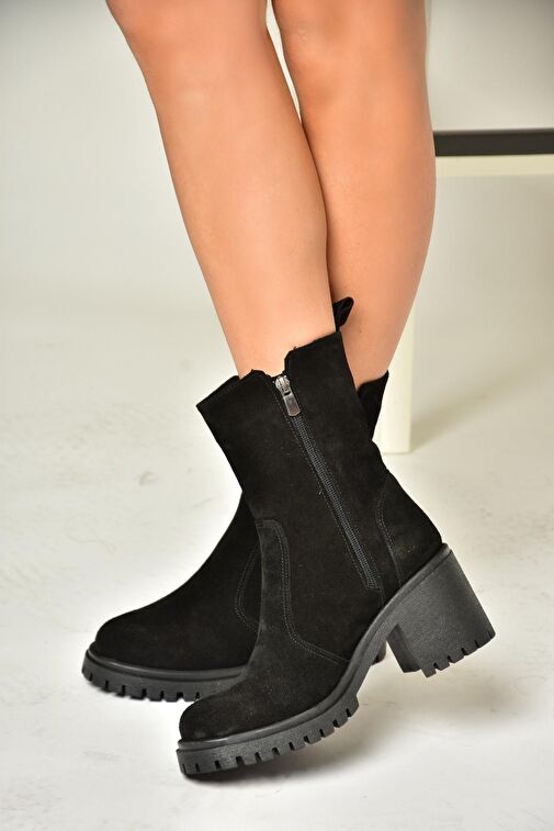 T654095802 Siyah Hakiki Süet Kalın Topuklu Kadın Bot - Görsel 6