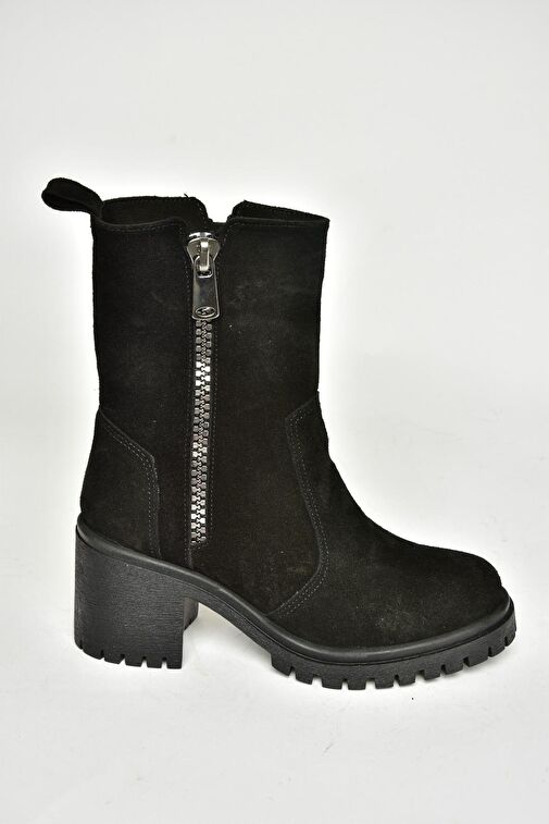 T654095802 Siyah Hakiki Süet Kalın Topuklu Kadın Bot - Görsel 7