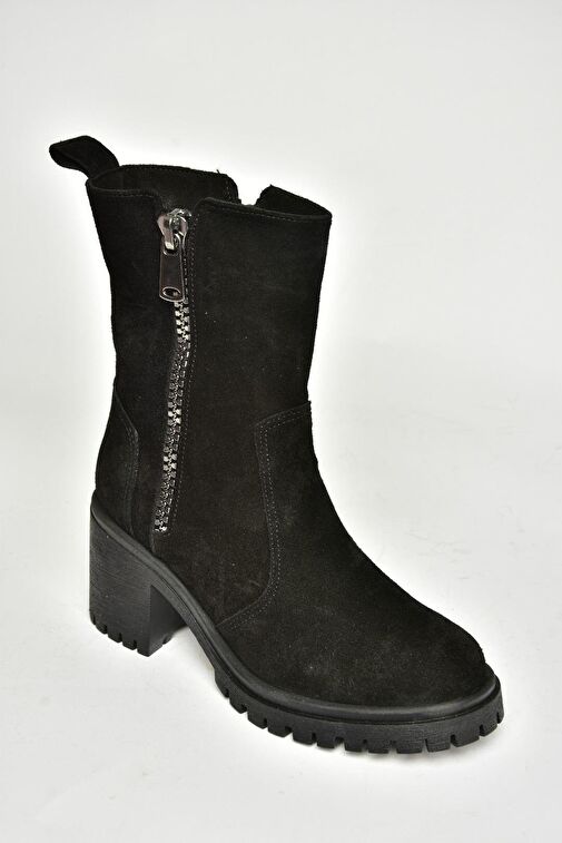 T654095802 Siyah Hakiki Süet Kalın Topuklu Kadın Bot - Görsel 8