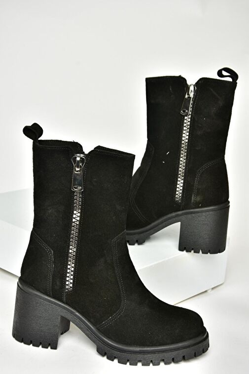 T654095802 Siyah Hakiki Süet Kalın Topuklu Kadın Bot - Görsel 9