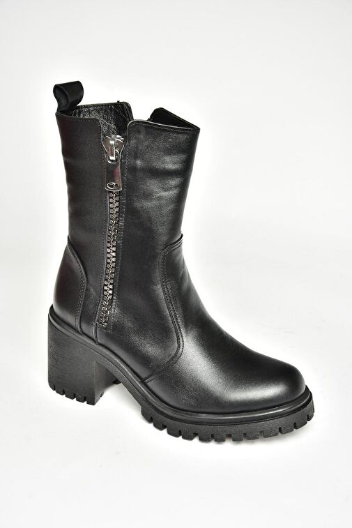 T654095803 Siyah Hakiki Deri Kalın Topuklu Kadın Bot - Görsel 9