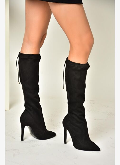 T752539502 Siyah Süet Streç Kumaş İnce Topuklu Kadın Çizme - Görsel 4
