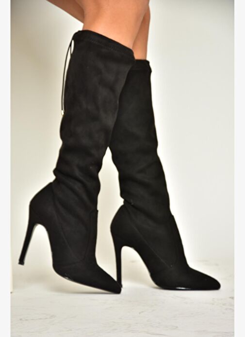 T752539502 Siyah Süet Streç Kumaş İnce Topuklu Kadın Çizme - Görsel 3