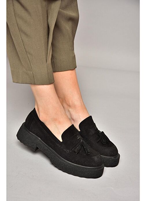 T996193002 Siyah Süet Kalın Tabanlı Makosen Ayakkabı - Görsel 2