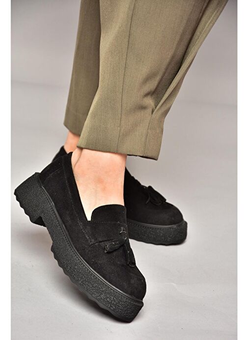 T996193002 Siyah Süet Kalın Tabanlı Makosen Ayakkabı - Görsel 3