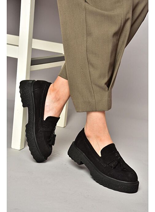 T996193002 Siyah Süet Kalın Tabanlı Makosen Ayakkabı - Görsel 4