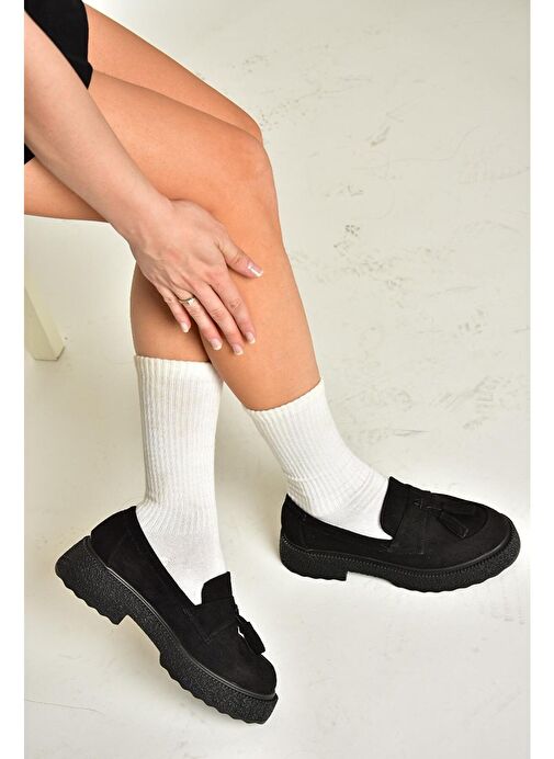 T996193002 Siyah Süet Kalın Tabanlı Makosen Ayakkabı - Görsel 6