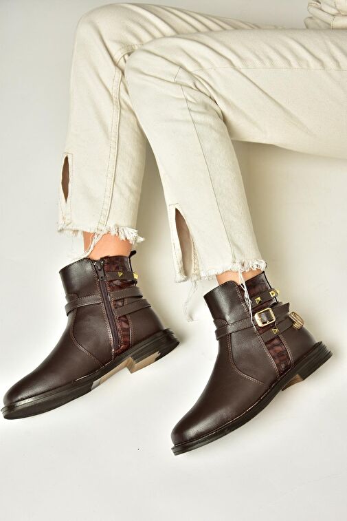 T312124709 Kahverengi Alçak Topuklu Kadın Bot - Görsel 4