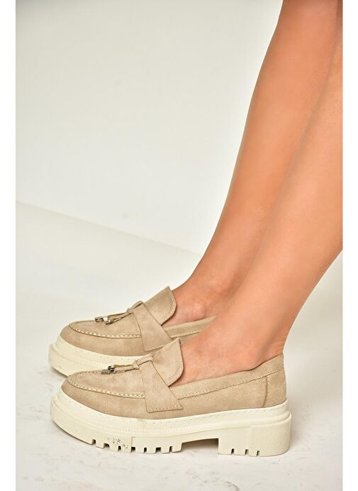 T294882202 Bej Süet Makosen Kadın Ayakkabı - Görsel 4