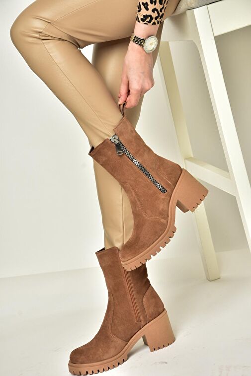 T654095802 Taba Hakiki Süet Kalın Topuklu Kadın Bot - Görsel 2
